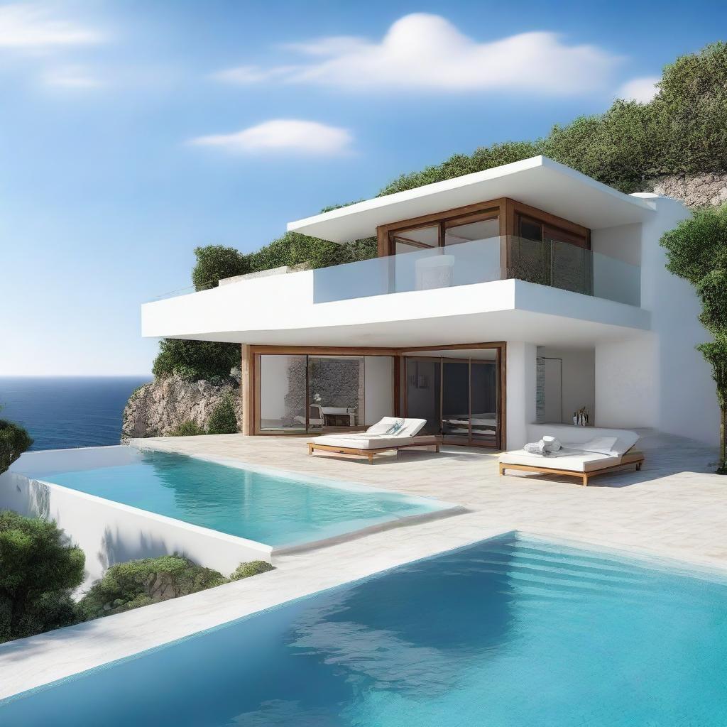 A one-story sea view villa with terraced contours, absent a roof, on a 100m2 plot. The 60m2 first floor contains a living room, bedroom, and bathroom. The second floor houses an infinity pool, a carport, and a balcony, in addition to another suite of rooms.