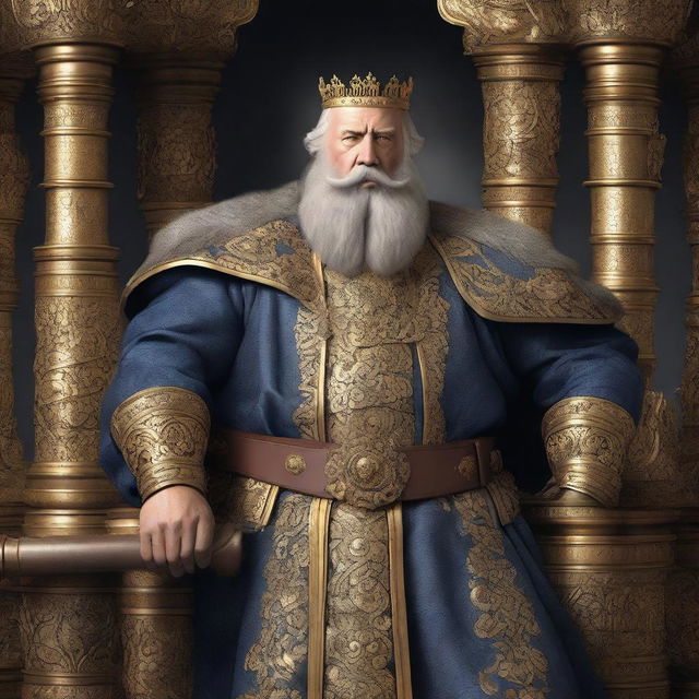 A high-quality digital art depicts a middle-aged European king with a robust beard