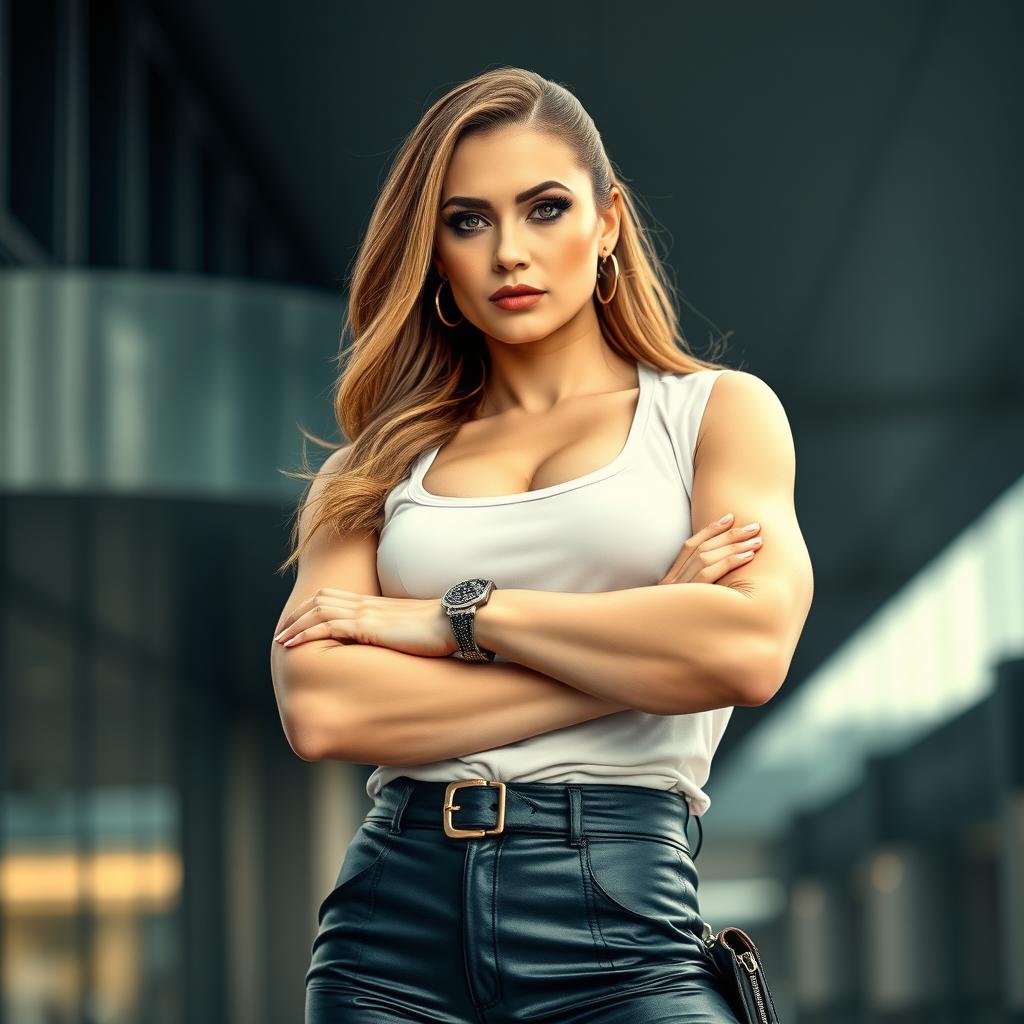 A powerful and confident dominant woman exuding strength and authority, standing tall in a modern, stylish outfit that highlights her commanding presence