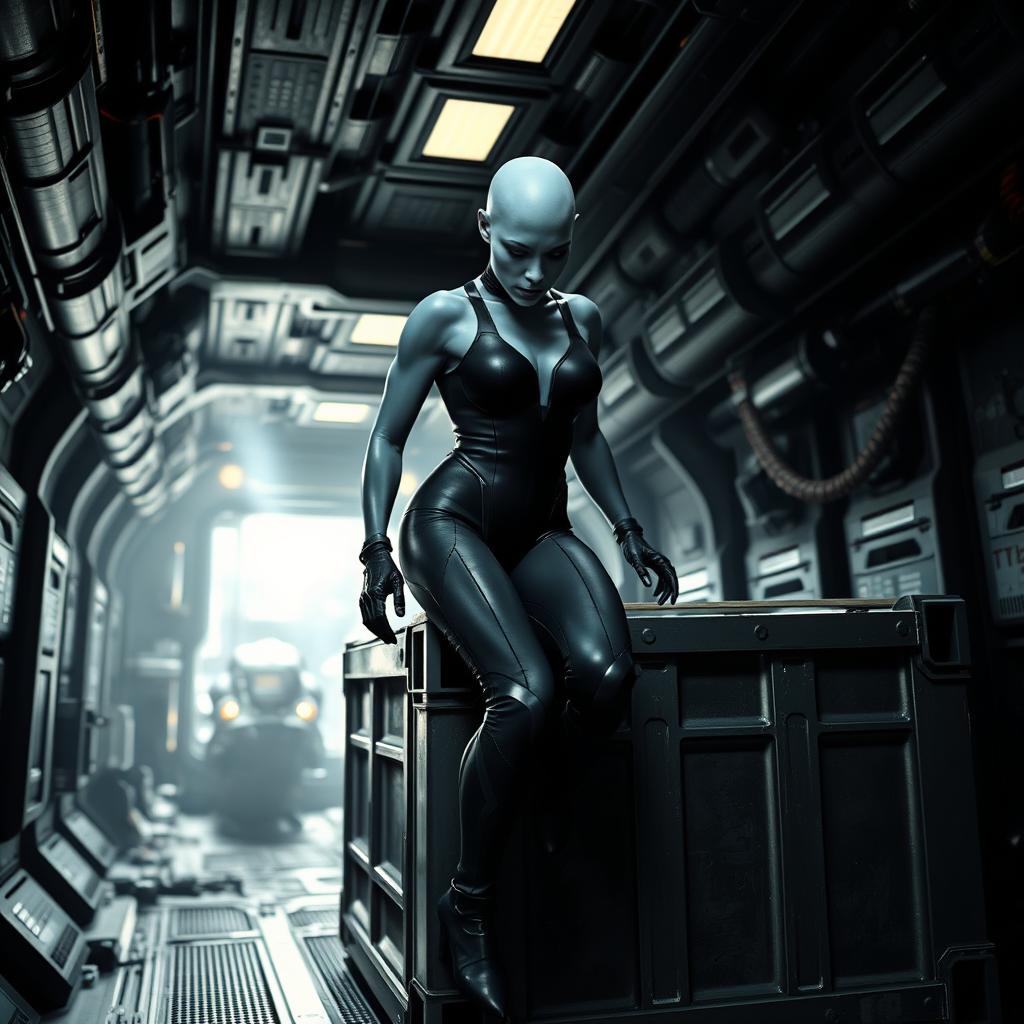 A female character with bald, blue skin climbs out of a large futuristic crate, set in a darkened cargo hold of a spaceship