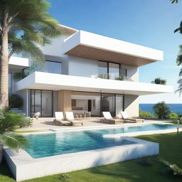 A sea view, one-story villa designed with terraced contours. The villa, located on a 100m2 plot, features a 60m2 open-concept first floor and a second story with an infinity pool and a carport. Every floor contains a living room, bedroom, and bathroom, with a balcony on the second story. Notably, it does not have a roof.