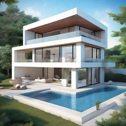 A sea view, one-story villa designed with terraced contours. The villa, located on a 100m2 plot, features a 60m2 open-concept first floor and a second story with an infinity pool and a carport. Every floor contains a living room, bedroom, and bathroom, with a balcony on the second story. Notably, it does not have a roof.