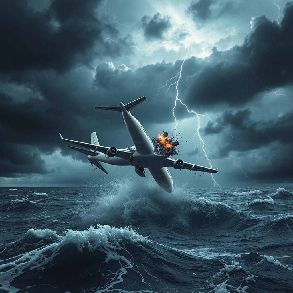 A dramatic scene of an airplane in a steep nosedive towards the ocean, disintegrating in mid-air with parts of the aircraft breaking apart, set against a turbulent, stormy sky filled with dark clouds and flashes of lightning