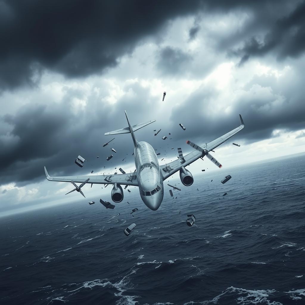 An airplane in a dramatic dive towards the sea, disassembling mid-air with pieces of the fuselage and wings scattering around