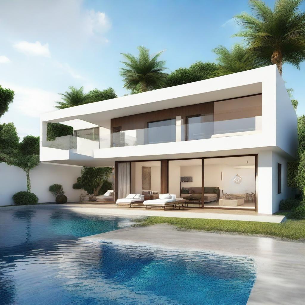 A sea view, one-story villa designed with terraced contours. The villa, located on a 100m2 plot, features a 60m2 open-concept first floor and a second story with an infinity pool and a carport. Every floor contains a living room, bedroom, and bathroom, with a balcony on the second story. Notably, it does not have a roof.