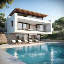 A sea view, one-story villa designed with terraced contours. The villa, located on a 100m2 plot, features a 60m2 open-concept first floor and a second story with an infinity pool and a carport. Every floor contains a living room, bedroom, and bathroom, with a balcony on the second story. Notably, it does not have a roof.