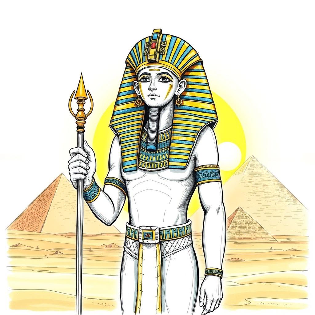 A beautifully detailed sketch of an ancient Egyptian pharaoh standing majestically, wearing a traditional nemes headdress adorned with gold and blue stripes