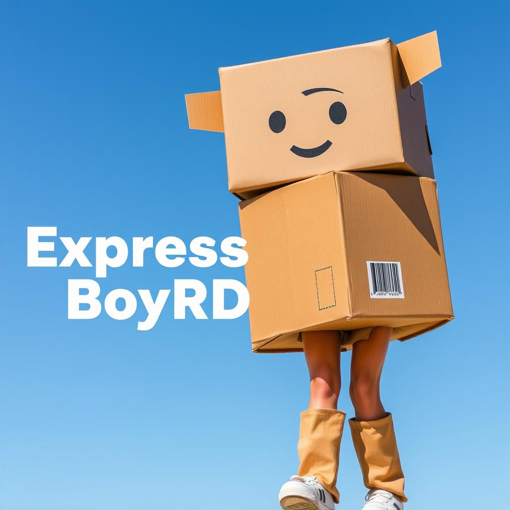 A realistic image of a person wearing a box costume designed like a shipping box, with the text 'ExpressBoxRD' prominently displayed next to them