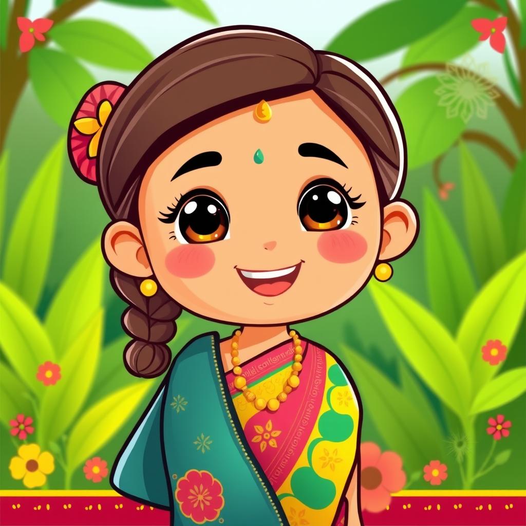 A cute cartoon girl wearing traditional Sinhala attire, also known as a 'sari', showcasing vibrant colors and intricate patterns