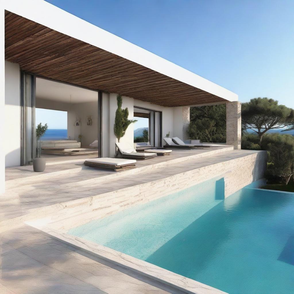 A single floor, terraced, sea-view villa without a roof, featuring an infinity pool on the second level. Set on a 100m2 plot, its first floor spans 60m2. Each level houses a living room, bedroom, and a bathroom, and the second level includes a balcony.