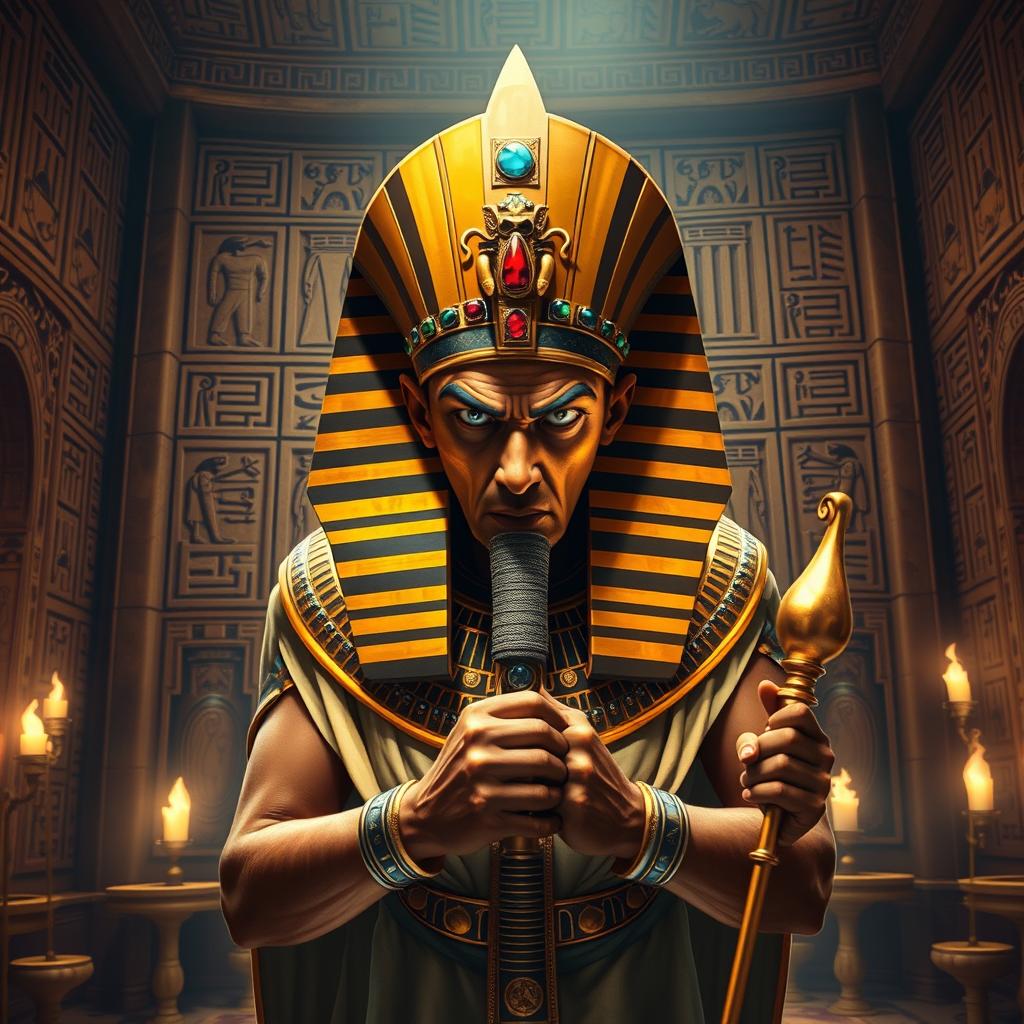 An angry pharaoh standing in an opulent Egyptian throne room, with intricate hieroglyphs carved into the walls