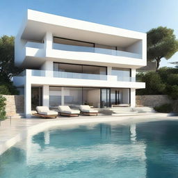 A single floor, terraced, sea-view villa without a roof, featuring an infinity pool on the second level. Set on a 100m2 plot, its first floor spans 60m2. Each level houses a living room, bedroom, and a bathroom, and the second level includes a balcony.