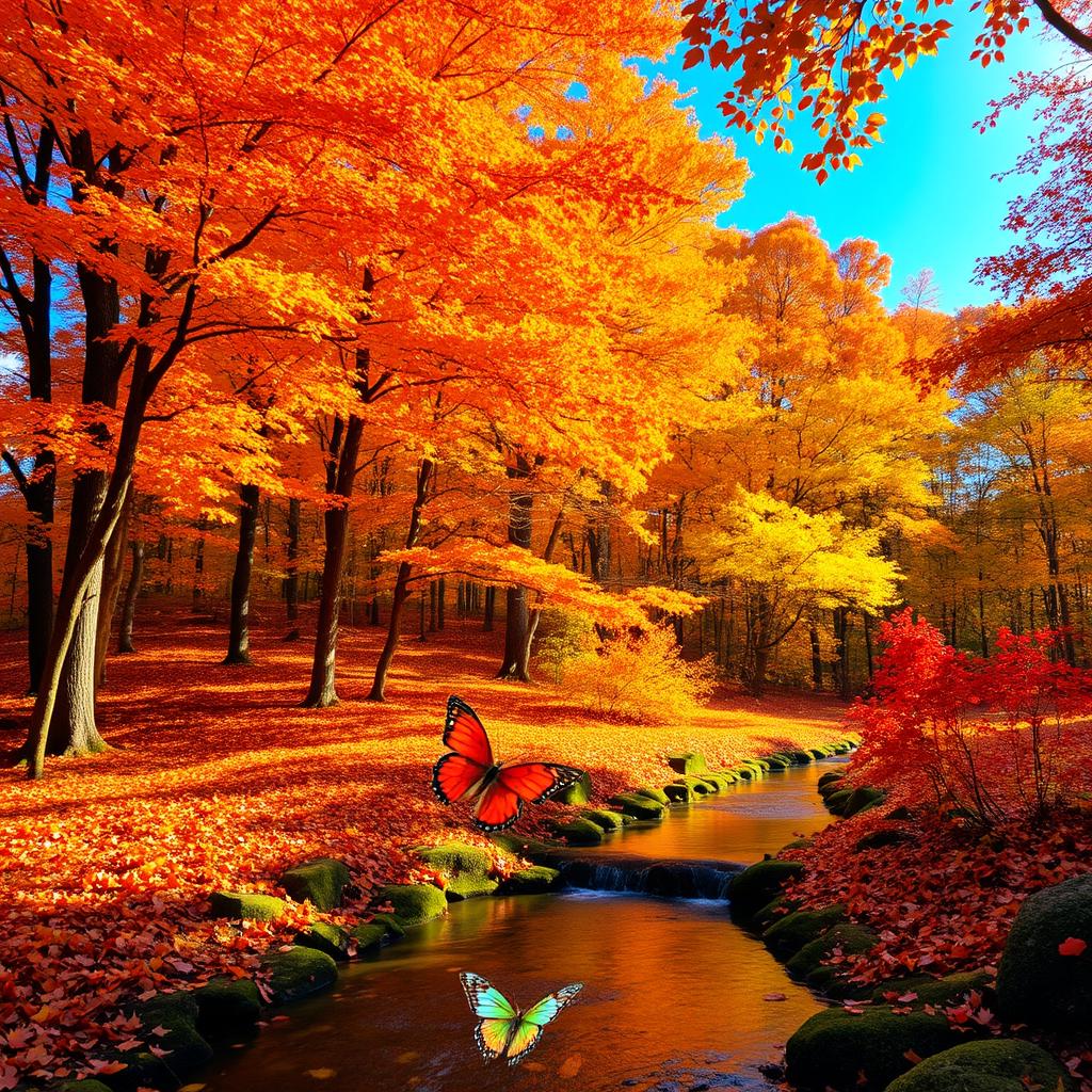 A vibrant, lush forest during autumn with trees displaying bright orange, red, and yellow leaves
