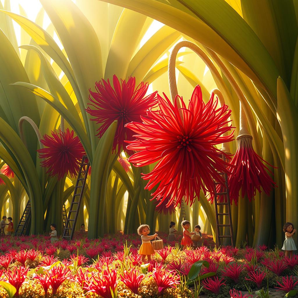 In a stunning giant world filled with enormous plants and objects, little Edmers, who are tiny people, energetically work among massive saffron flowers