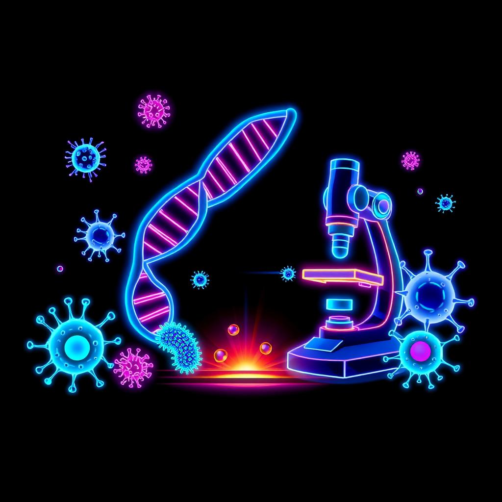 A dynamic design featuring a neon aesthetic inspired by molecular biology and microbiology