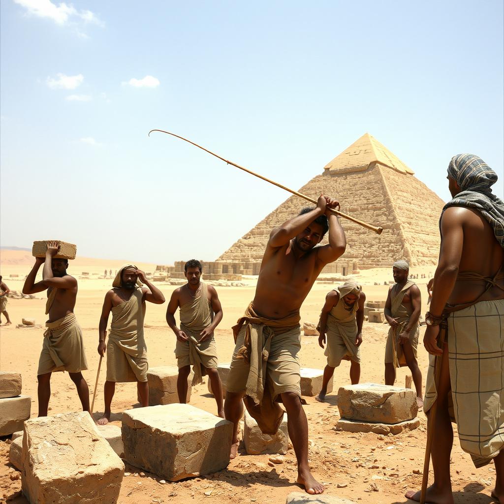 A historical scene depicting laborers in ancient Egypt, showcasing a harsh working environment