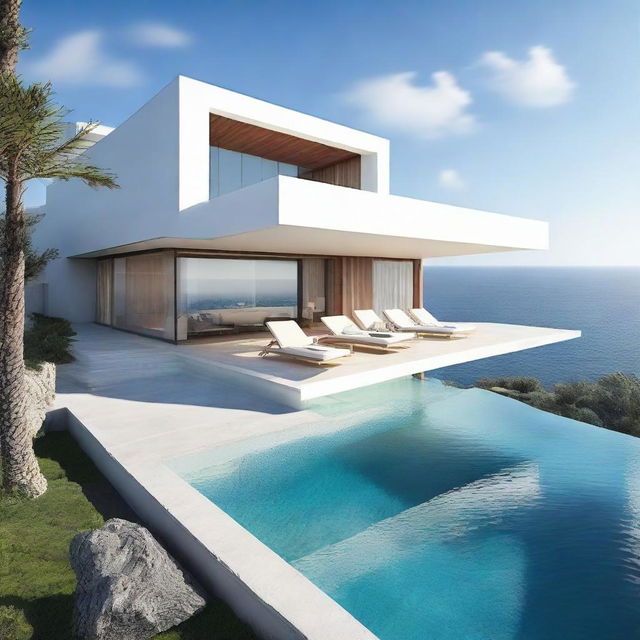 A single floor, terraced, sea-view villa without a roof, featuring an infinity pool on the second level. Set on a 100m2 plot, its first floor spans 60m2. Each level houses a living room, bedroom, and a bathroom, and the second level includes a balcony.