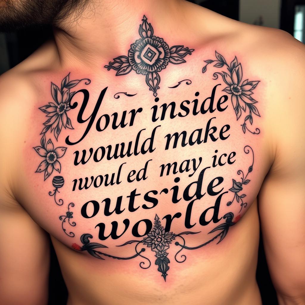 A detailed tattoo design for men featuring the phrase "Your inside would make your outside world" artfully integrated with symbolic elements that represent self-reflection and inner strength