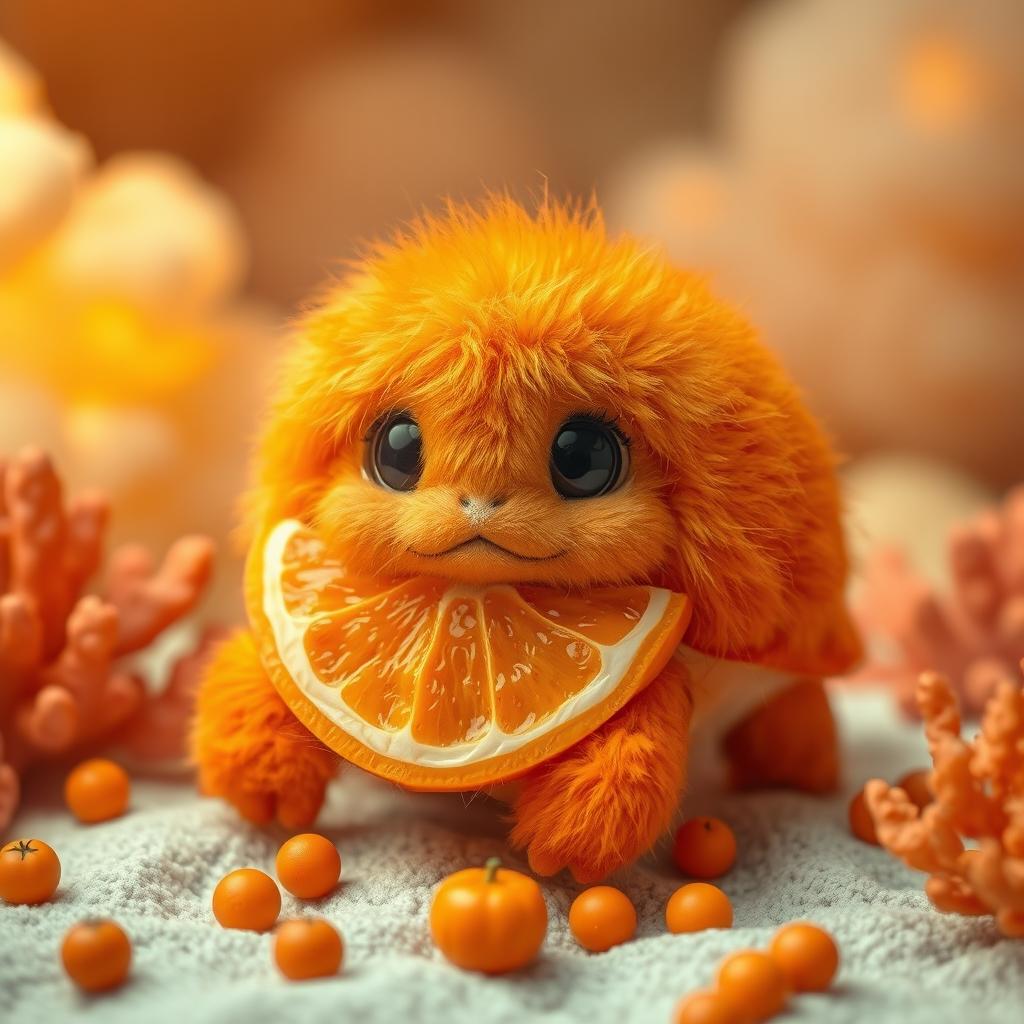 A fluffy orange turtle with large, expressive eyes carrying a vibrant orange slice as its shell