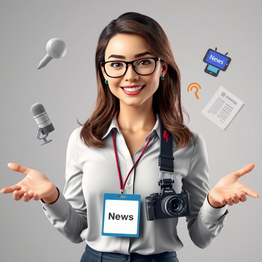 A realistic image of a professional female journalist wearing a professional camera around her neck, holding a press ID card in one hand