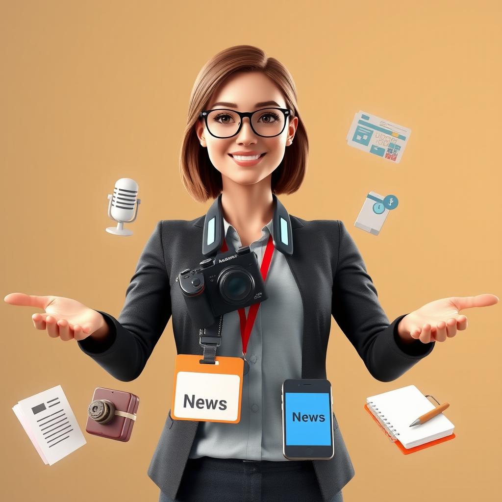 A realistic depiction of a professional female journalist, wearing a professional camera around her neck and holding a press ID card in one hand