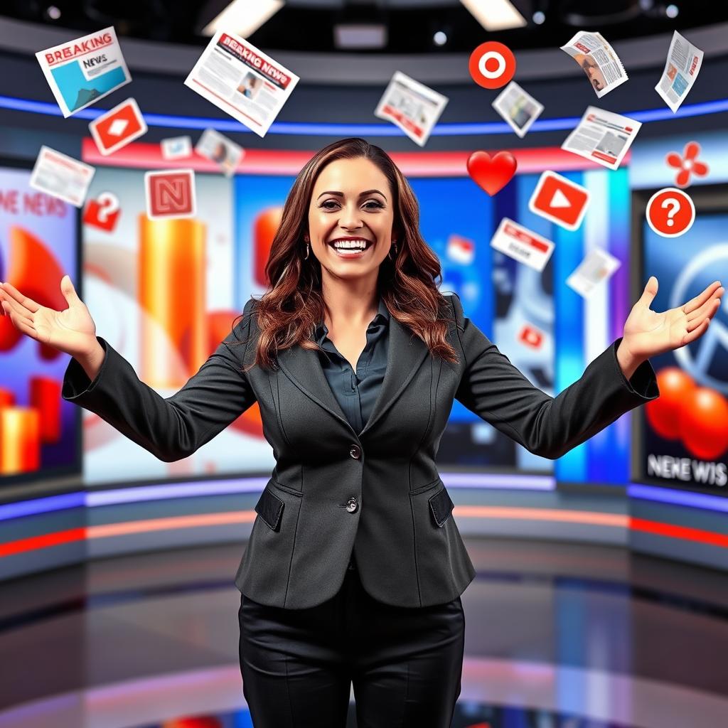 A cheerful news correspondent smiling widely, standing with her arms open in a welcoming manner, surrounded by floating news icons and newspapers