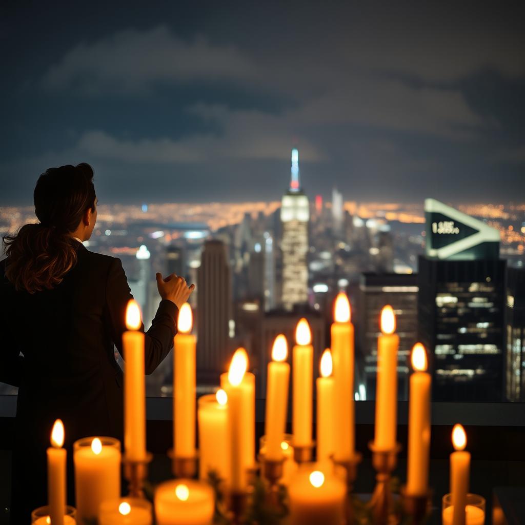 A romantic scene showcasing the backs of a man and a woman standing together, gazing out at a breathtaking city skyline at night