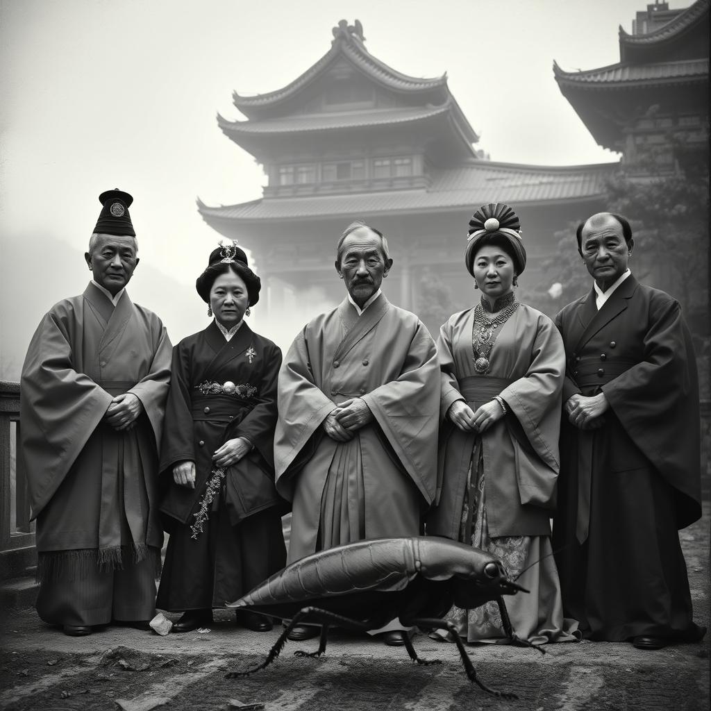 A dystopian black and white photograph of an imperial Japanese family group portrait, featuring traditional clothing mixed with futuristic elements