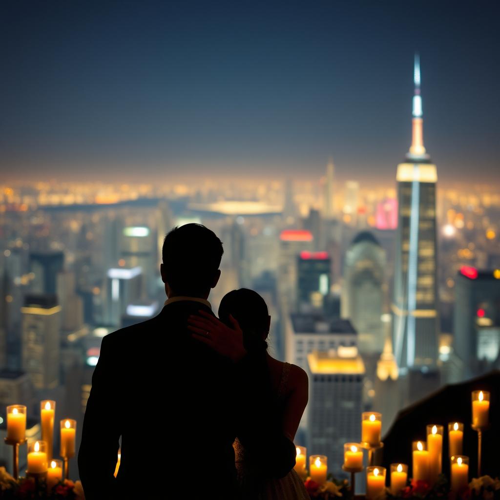 A touching scene depicting the backs of a man and a woman standing side by side, facing a breathtaking city skyline illuminated against the night sky