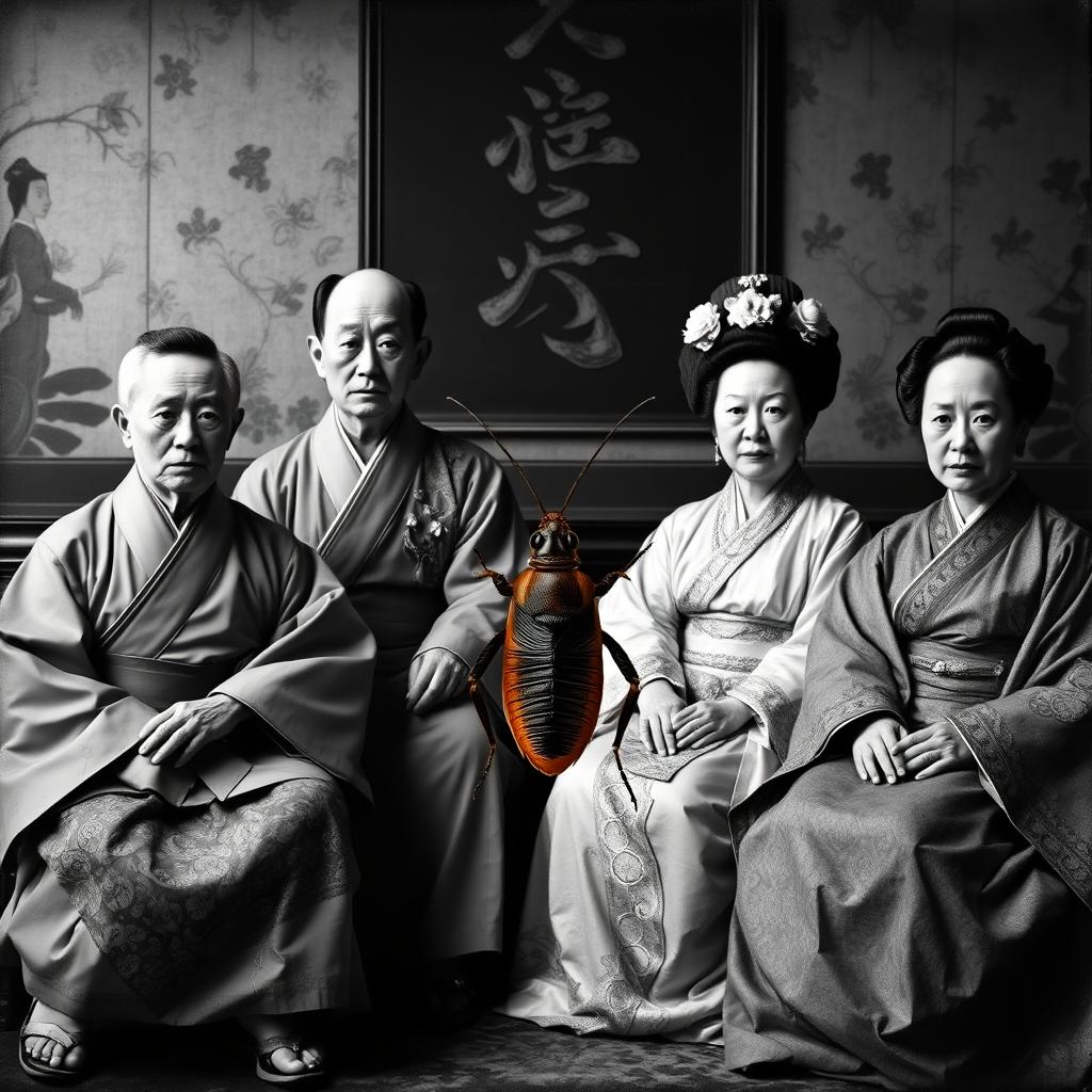 A dystopian black and white family portrait of the Japanese imperial family, featuring them seated in an opulent yet slightly deteriorated room, with traditional Japanese elements in their clothing