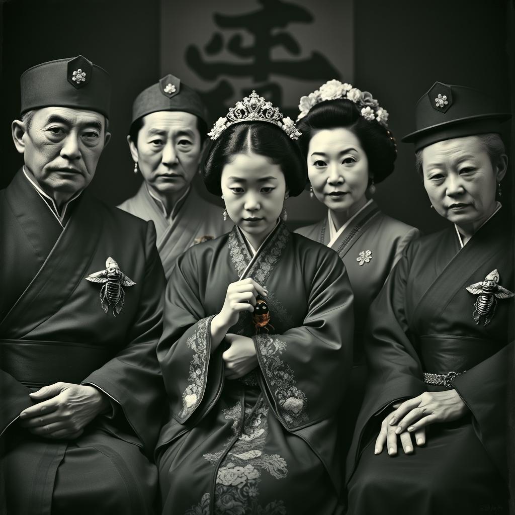 A dystopian black and white group photo of the Japanese imperial family, featuring members dressed in traditional yet futuristic attire, with an atmosphere of a somber yet regal setting