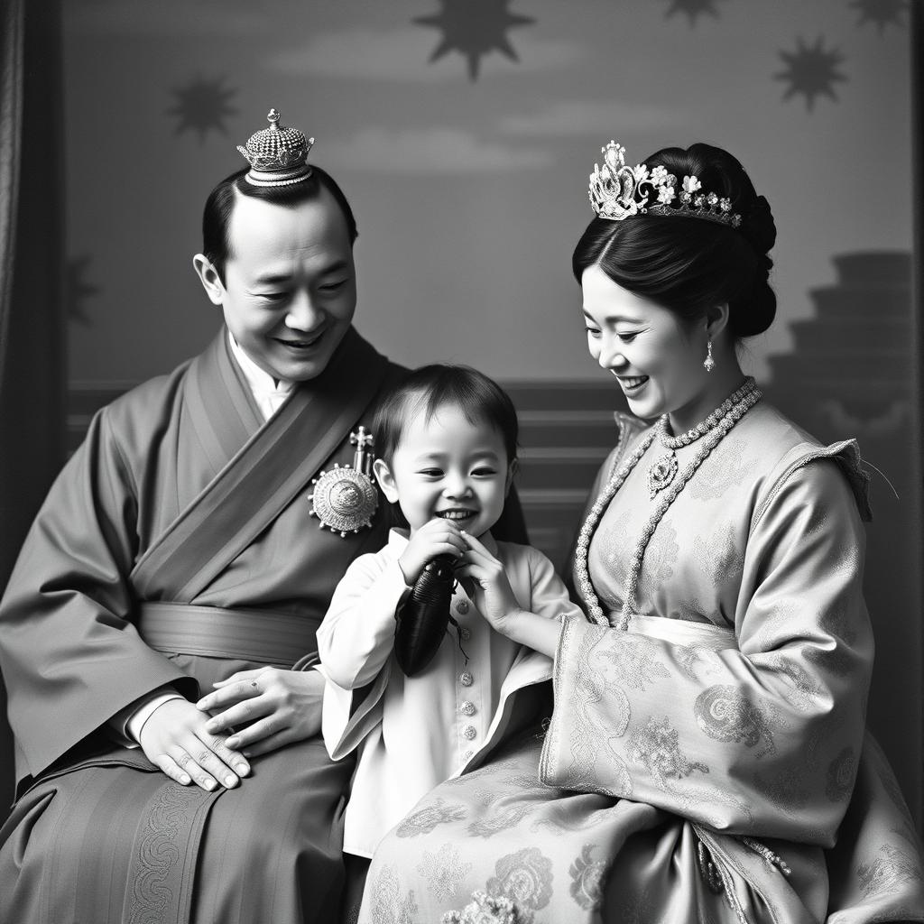 A dystopian black and white family portrait of the Japanese imperial family, featuring a small princess gently petting a large domestic cockroach as if it were a dog