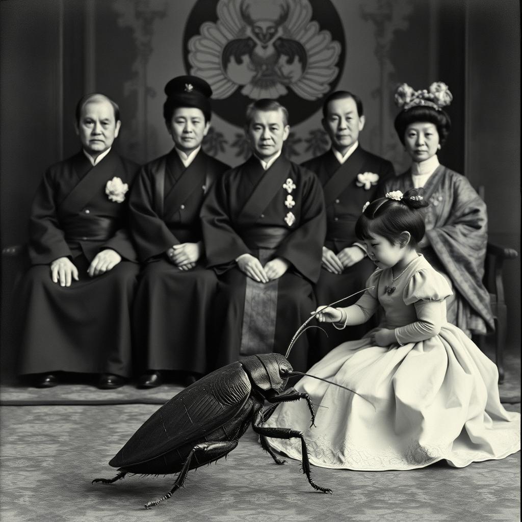 A dystopian black and white photo of a Japanese imperial family group portrait