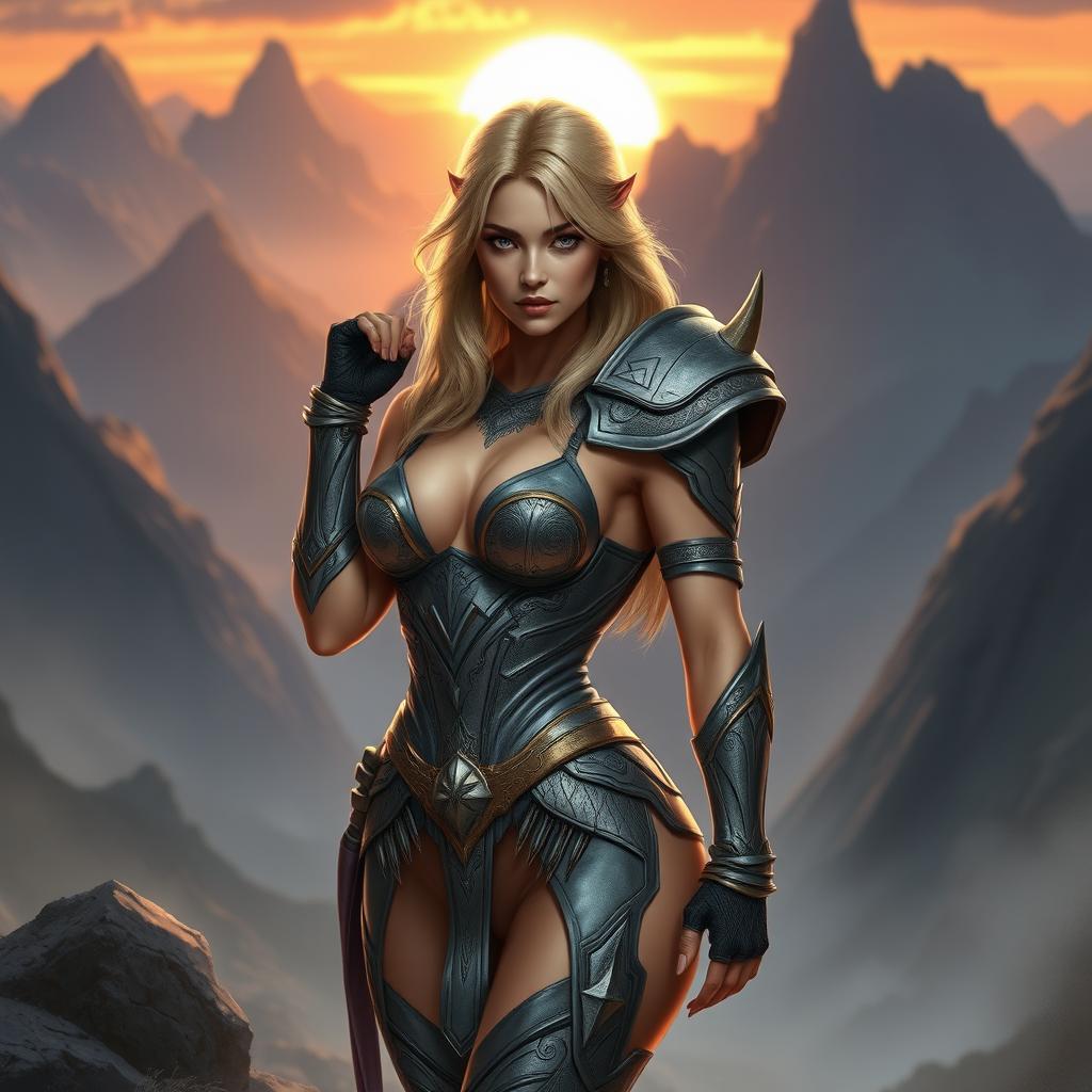 A female warrior with an hourglass figure, dressed in skin-tight, revealing armor that accentuates her curves