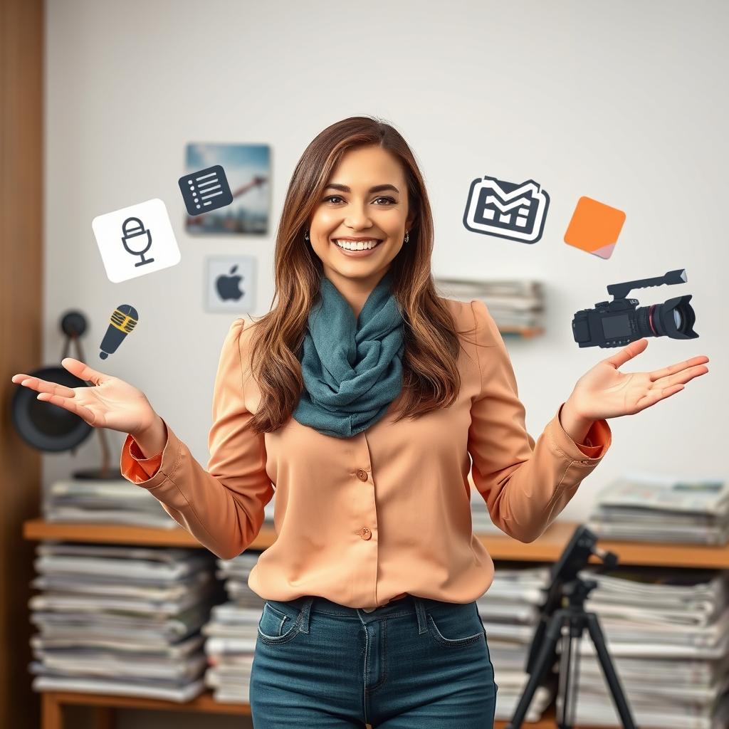 A cheerful female news anchor with a big smile, opening her arms in a welcoming gesture