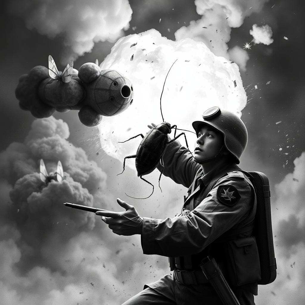 A dystopian black and white scene depicting a Japanese soldier heroically rescuing a large cockroach ally from the explosion of a bomb being launched by a Korean soldier who is a robot moth