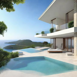 A single-story sea view villa with terraced contours and no roof. Occupying 100m2 land with 60m2 on the first floor. It features an infinity pool on the open second story, living rooms, bedrooms, and bathrooms on both levels, and a balcony on the second floor.