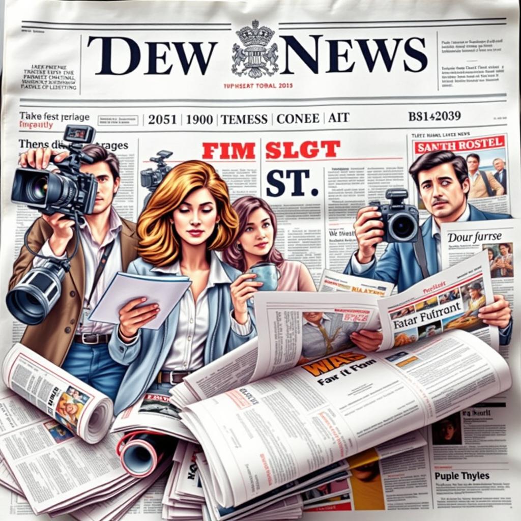 A vibrant newspaper front page featuring a group of diverse journalists actively engaged in reporting