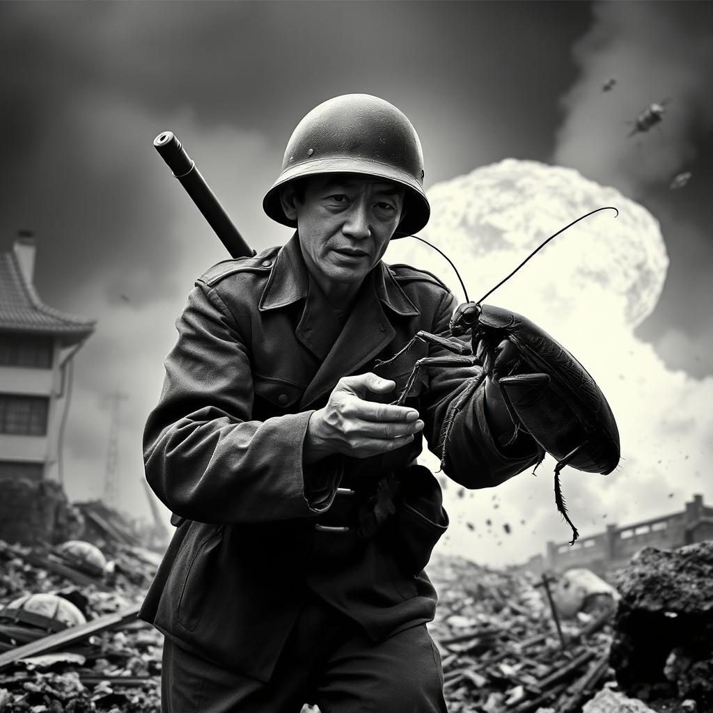 A dystopian black and white photojournalistic scene capturing a Japanese soldier rescuing a large allied cockroach from the explosion of a bomb