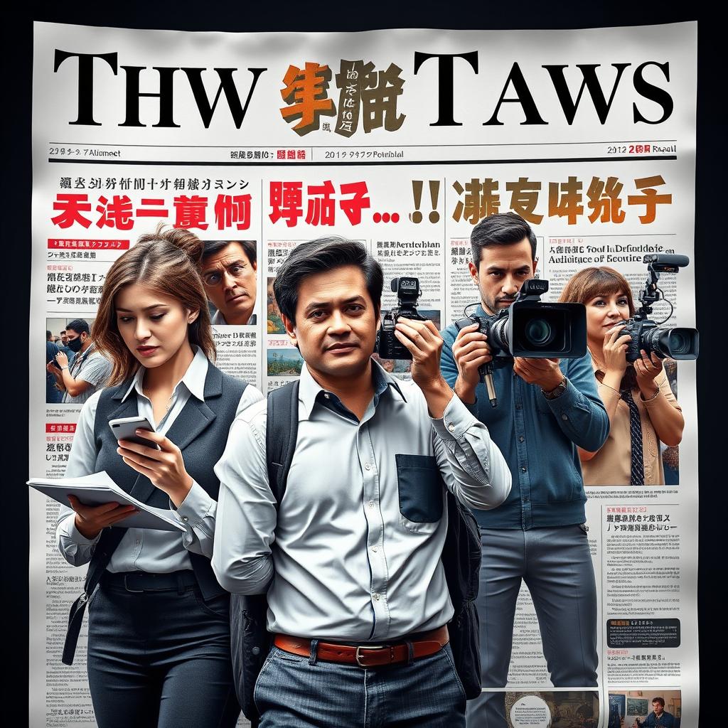 A hyper-realistic newspaper front page featuring a group of journalists in action
