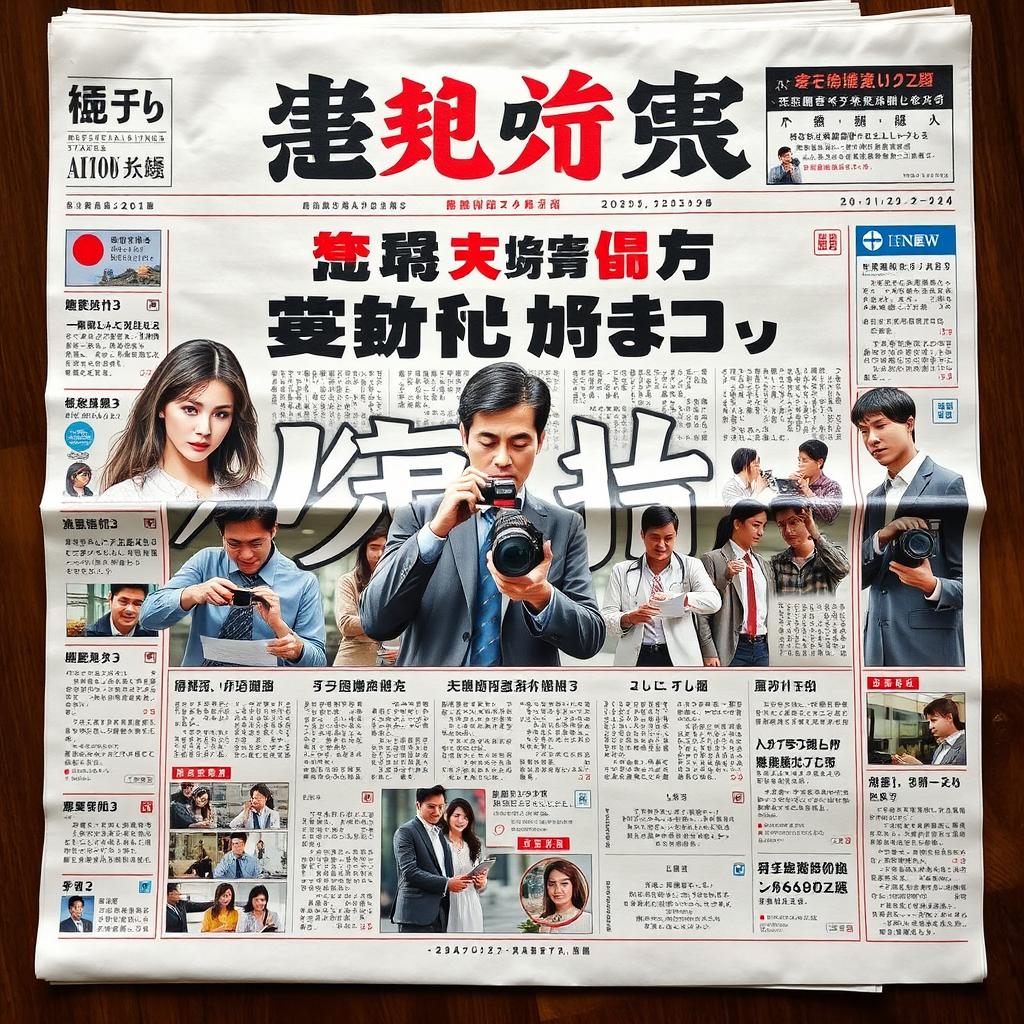 A hyper-realistic newspaper front page titled 'أخبار' (News) featuring a diverse group of journalists caught in the act of reporting