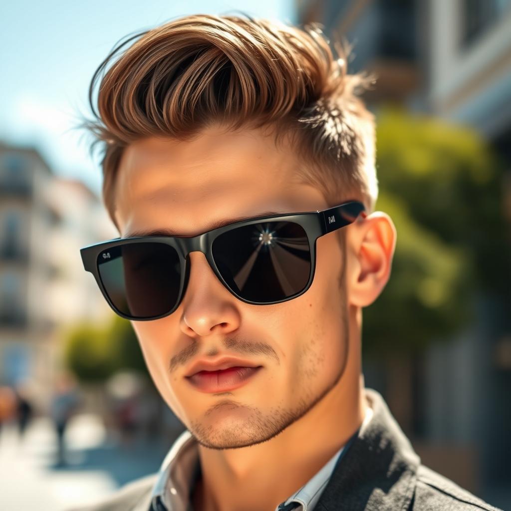 A stylish individual wearing sleek black sunglasses, showcasing a confident and cool demeanor