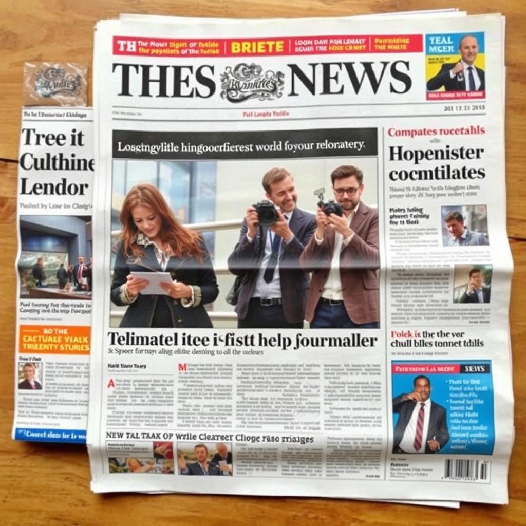A newspaper front page featuring an engaging news story with a vivid image showing a group of English journalists in action