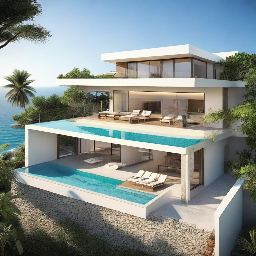 A single-story sea view villa with terraced contours and no roof. Occupying 100m2 land with 60m2 on the first floor. It features an infinity pool on the open second story, living rooms, bedrooms, and bathrooms on both levels, and a balcony on the second floor.