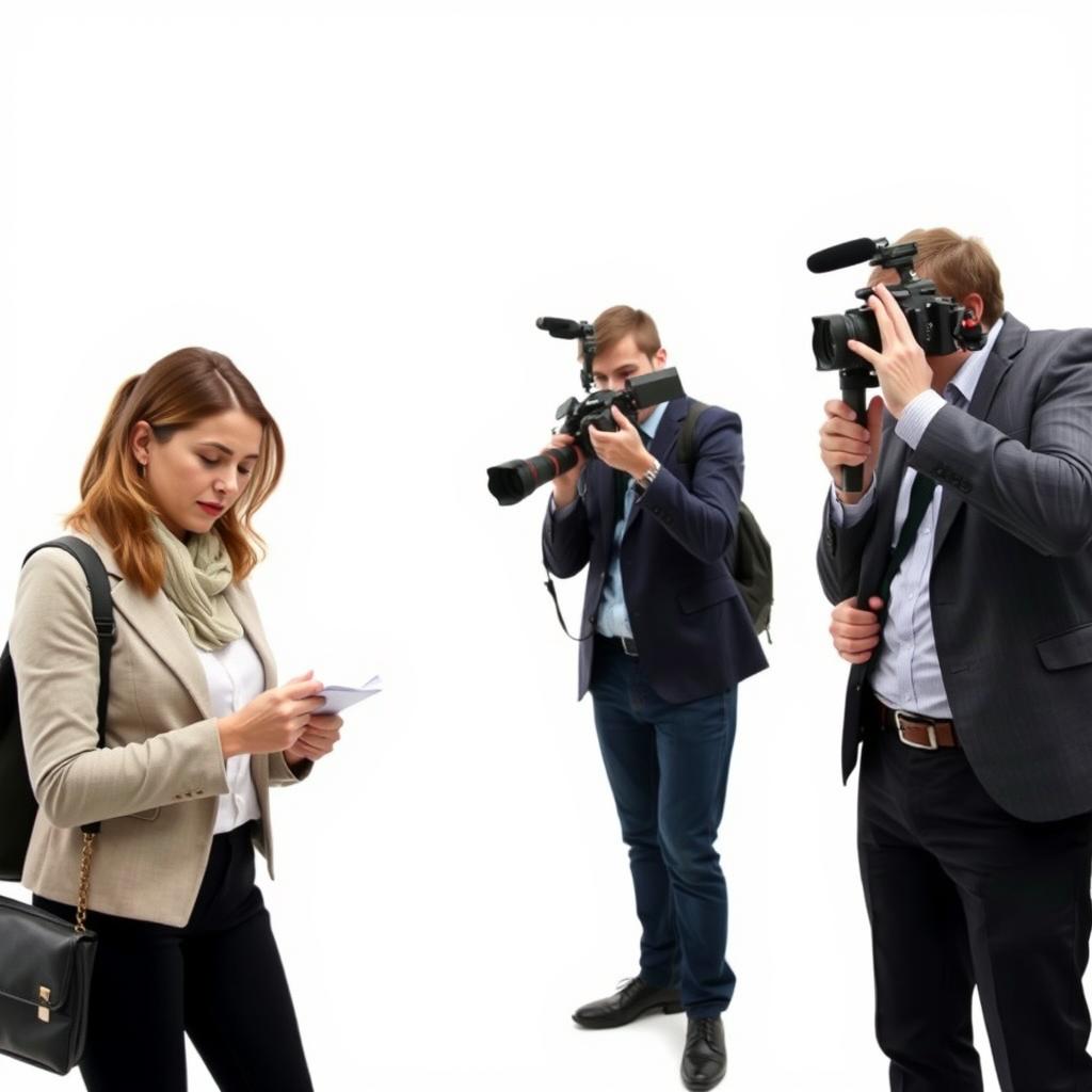 A clean, white background featuring a group of English journalists actively engaged in reporting