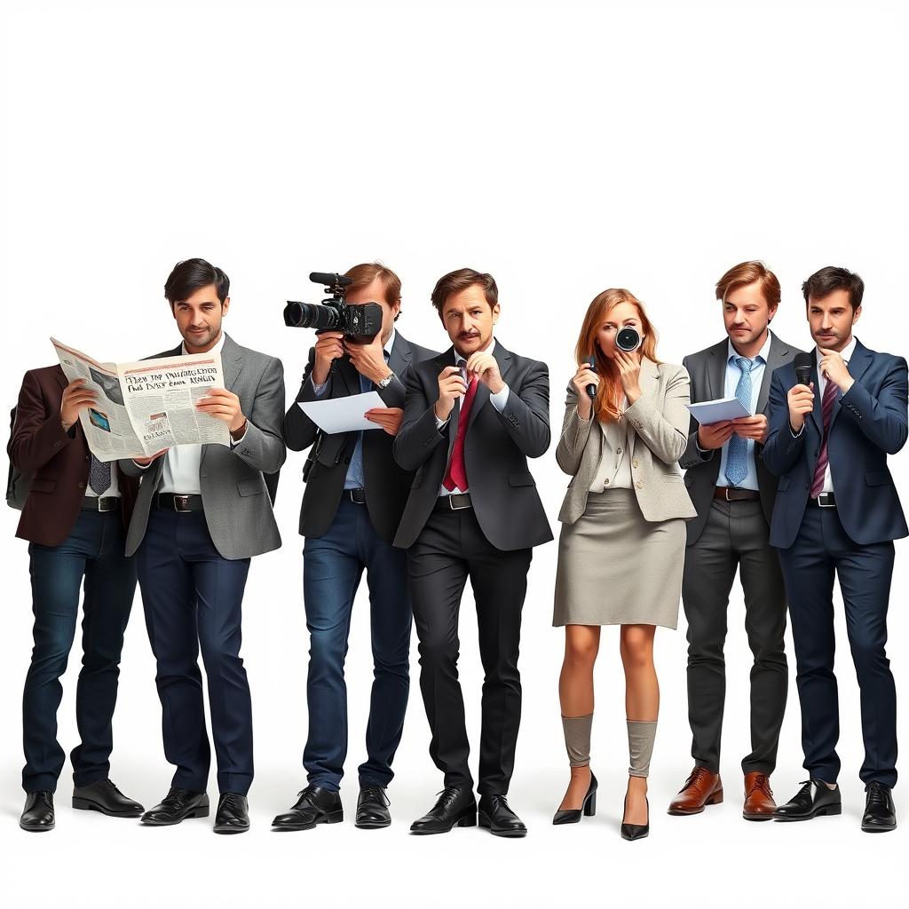 A visually striking poster set against a clean white background featuring a group of English journalists standing side by side