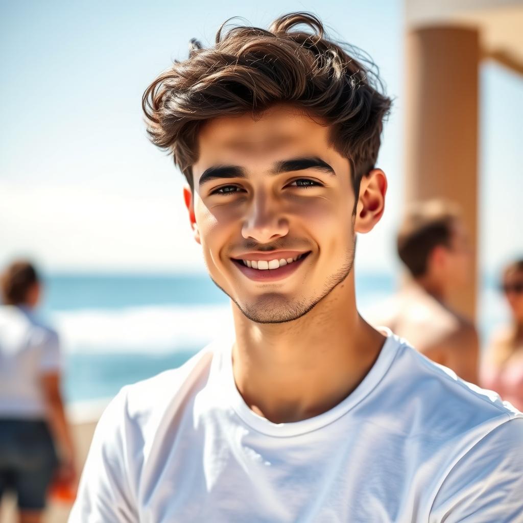 A young Mediterranean man in his early 20s, with short, dark wavy hair and a defined jawline