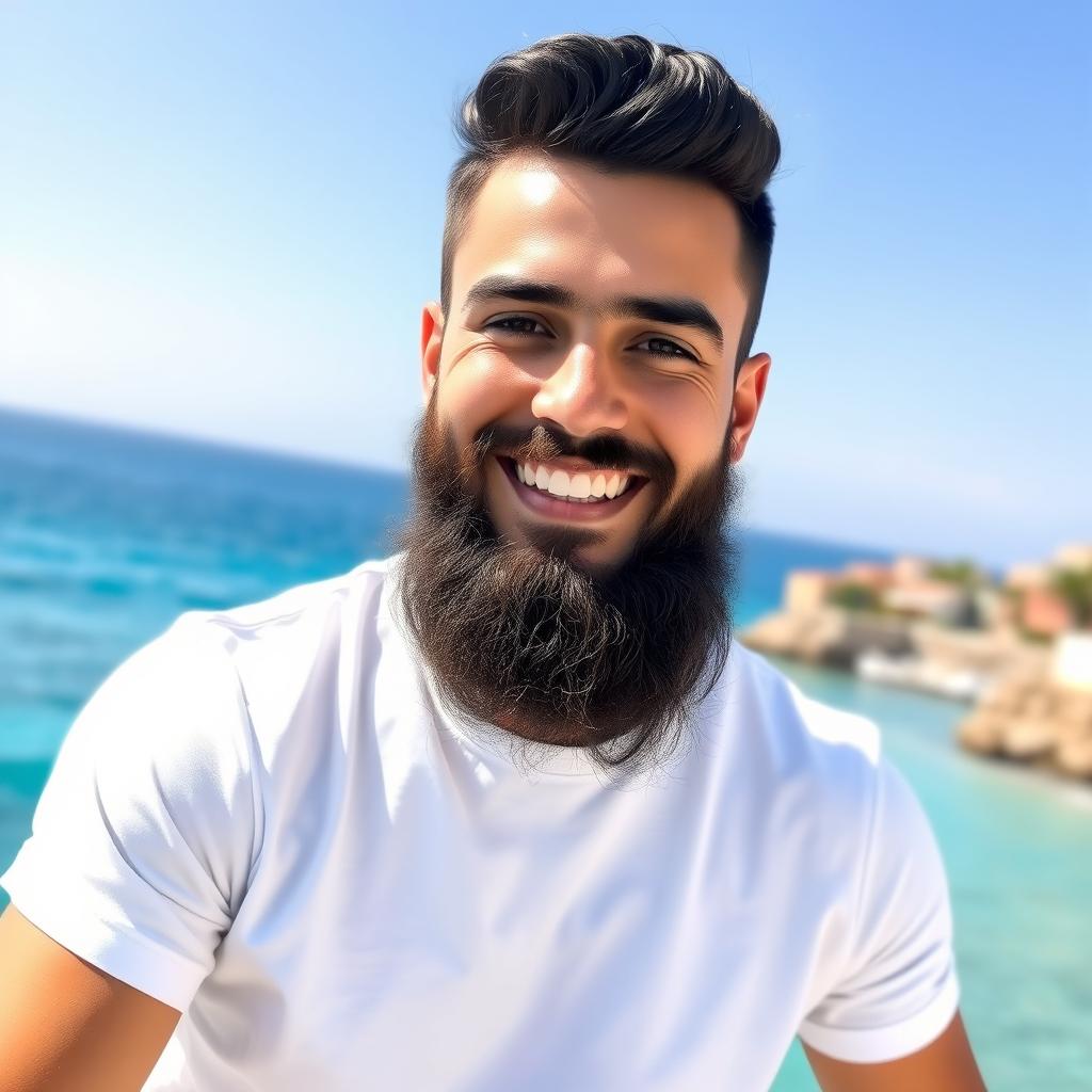 A young Mediterranean man in his early 20s, featuring a well-groomed beard and short, dark wavy hair