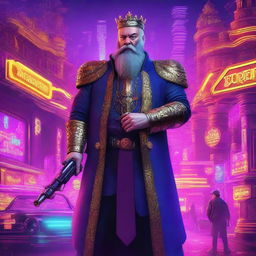 A high-quality digital art piece portrays a middle-aged, bearded European king with a crown, having a large turret gun at his side