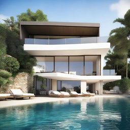 A single-story sea view villa with terraced contours and no roof. Occupying 100m2 land with 60m2 on the first floor. It features an infinity pool on the open second story, living rooms, bedrooms, and bathrooms on both levels, and a balcony on the second floor.